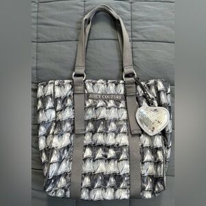 NEW - JUICY COUTURE SOFT Gray Ruffle Print Tote Bag - Sequin Heart Bag Charm